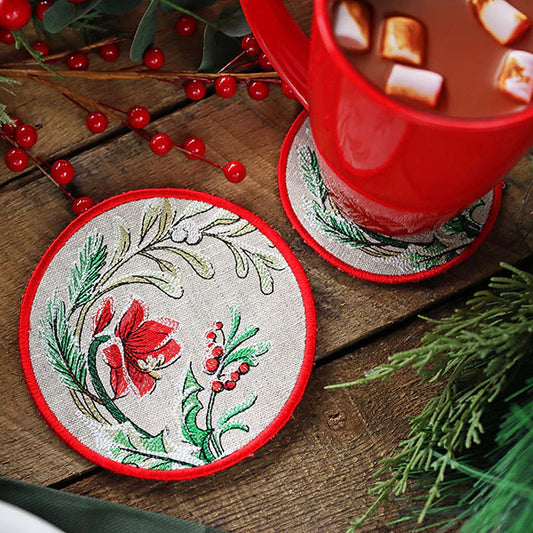 Set de 2 Portavasos Redondos, de Lino, Acolchados-Very Merry Christmas