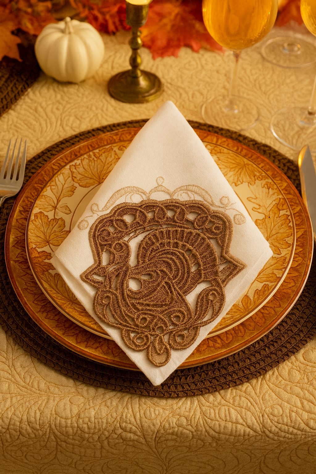 Servilleta de Mesa Lino 20x20-Esquinas de Encaje Thanksgiving (45,000 a 55,000 puntadas)