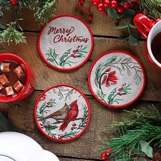 Set de 2 Portavasos Redondos, de Lino, Acolchados-Very Merry Christmas